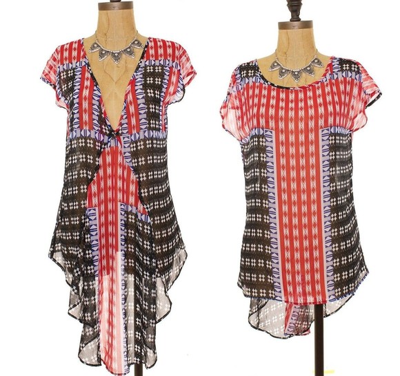 Eight Sixty Sheer Reversible Tunic Top Size M L Printed Red White Blue NEW B32 - Picture 1 of 4